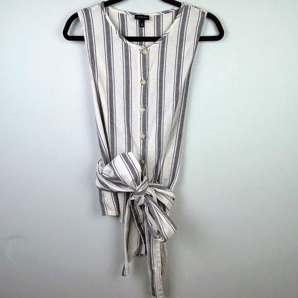 Who What Wear Cotton Cream & Blue Striped Sleeveless Button Down Wrap Belt M EUC - Picture 3 of 11